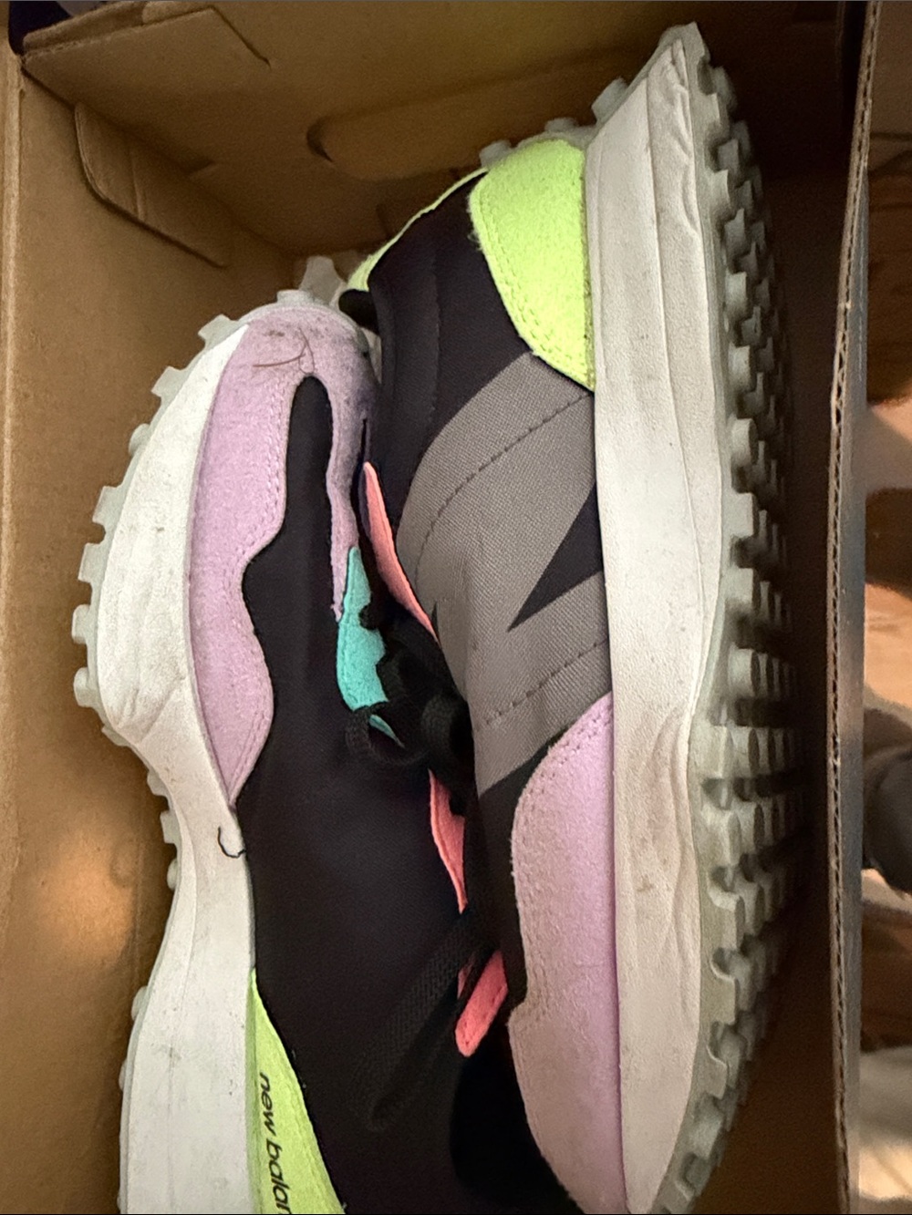 Women New Balance Black Athletic Sneakers with Pink and Neon Green Accents